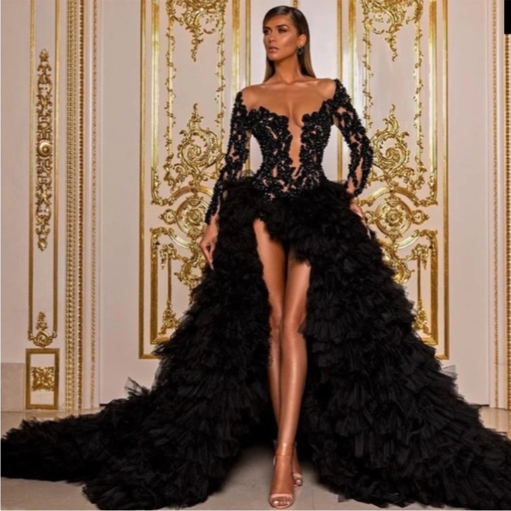 Original Albina Dyla Black Tulle Evening Gown